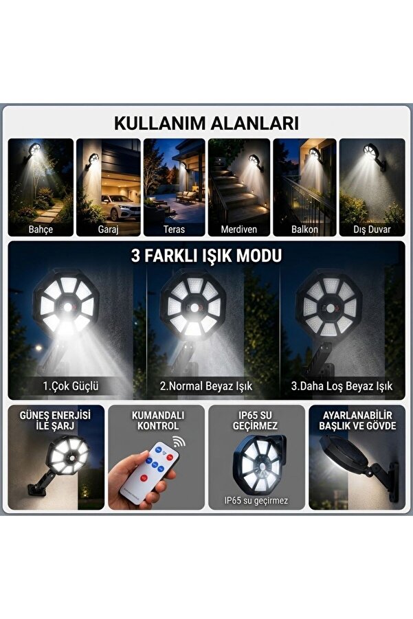 Go İthalat 168B Solar Led Büyük Dış Mekân Lambası, Hareket Sensörlü, Kumandalı, 3 Modlu Ultra Parlak Cob Işık,