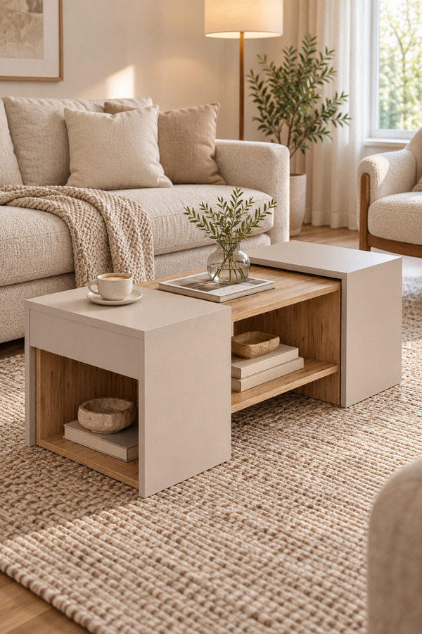 ARNETTİ Sartos 3'lü Zigon Sehpa Takımı Atlantik Çam & Bej Modern Orta Sehpa Salon ve Yan Sehpa Seti