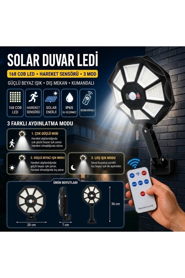 Go İthalat 168B Solar Led Büyük Dış Mekân Lambası, Hareket Sensörlü, Kumandalı, 3 Modlu Ultra Parlak Cob Işık,
