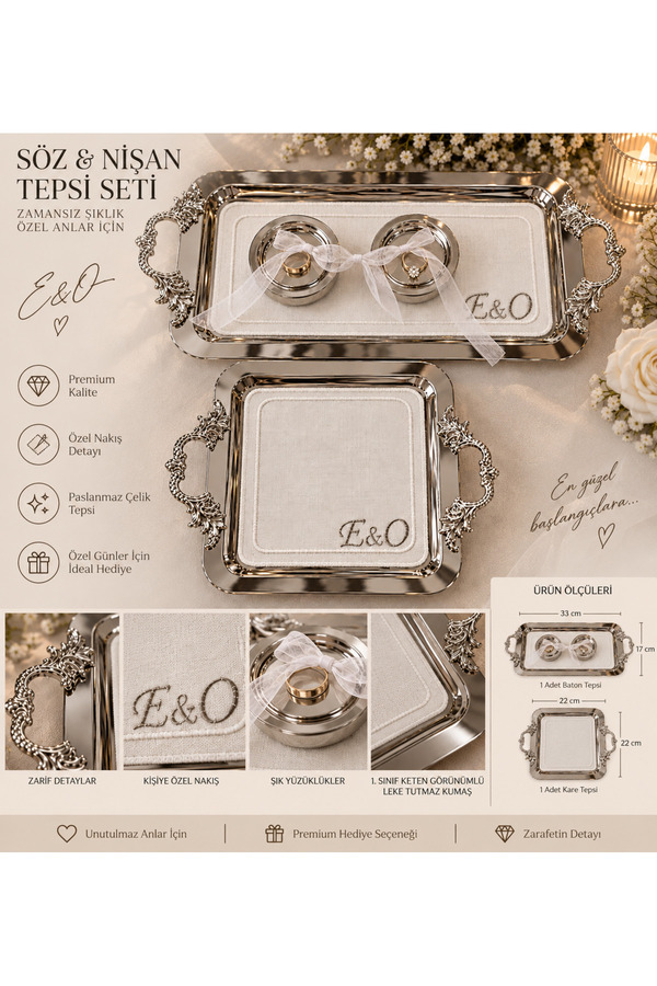 2Ddesign Söz Nişan Tepsi Takımı ve Kişiye Özel Harf İşlemeli Tepsi Örtüsü ve Kahve Tepsisi Mendili Ürünler Komple Çeliktir Plastik Tepsilerle Karıştırmayınız.