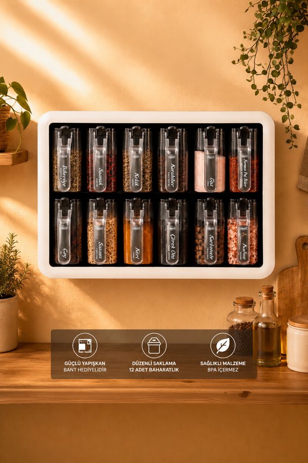 Porsima Simple Standlı 12 Li Kendinden Yapışkanlı Kaşıklı Kapaklı Baharatlık Takımı-etiketli Baharatlık