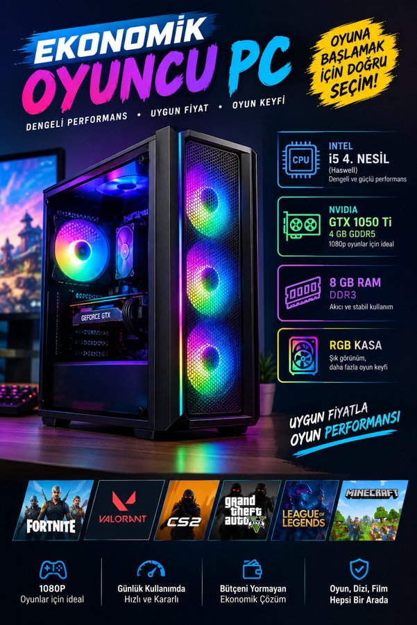 thekam RGB Oyuncu PC | i5 4. Nesil | GTX 1050 Ti | 8 GB RAM | Ekonomik Gaming Bilgisayar