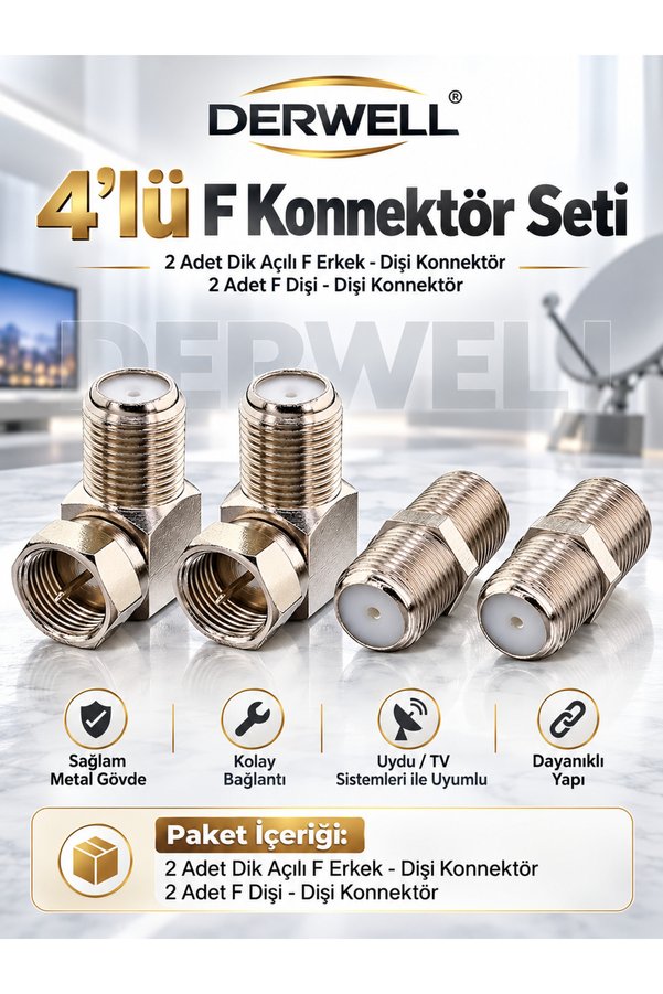 Derwell 2 Adet L Tipi Konnektör Fiş Rg6 Çevirmeli 90 Derece Tv Uydu Cvtv Sistemlerine Uygun F Konnektör + 2 Adet F/F Anten Uydu Kablosu Ek Aparatı F Dişi Dişi Barrel Birleştirici