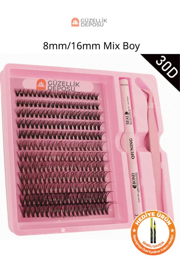 Güzellik Deposu 30D Premium İpek Kirpik Seti - 8-16mmMix Boy - Yapıştırıcı / Sabitleyici - Cımbız Dahil Full Set