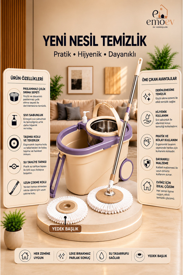 Emoev Tekerlekli Ve Çekme Kollu Döner Başlıklı Mop Seti - Paslanmaz Çelik Sepetli Sıvı Sabunluklu & Su Tahliye Tapalı Temizlik Kovası