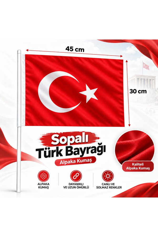 AKYILDIZ store Sopalı Türk Bayrağı 30x45 cm – Bez Alpaka Kumaş