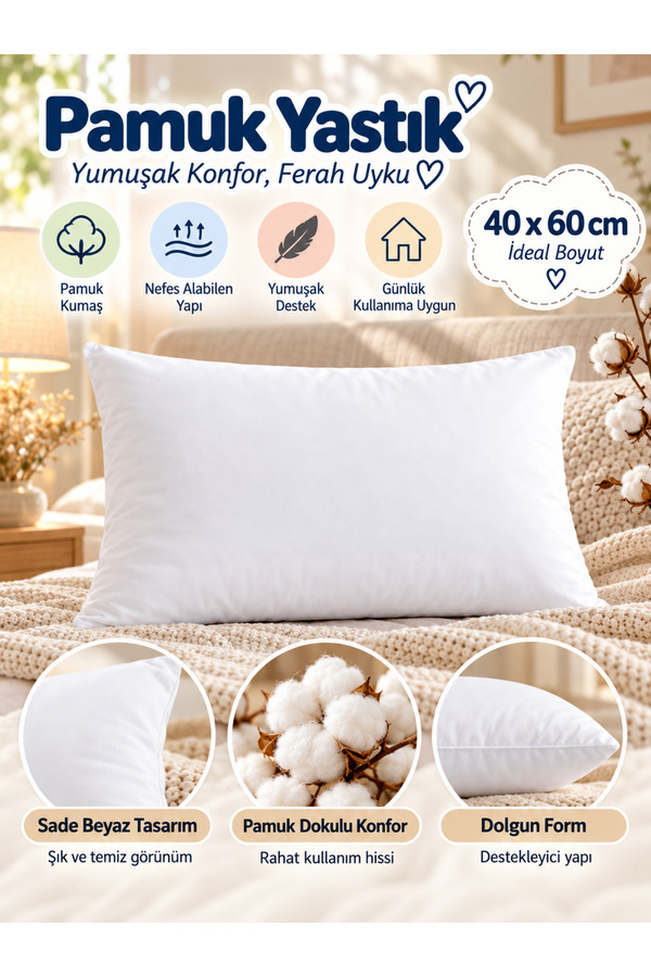 BERRY CONCEPT %100 Pamuk Dolgulu Yastık 40x60 cm Beyaz Doğal Uyku Yastığı