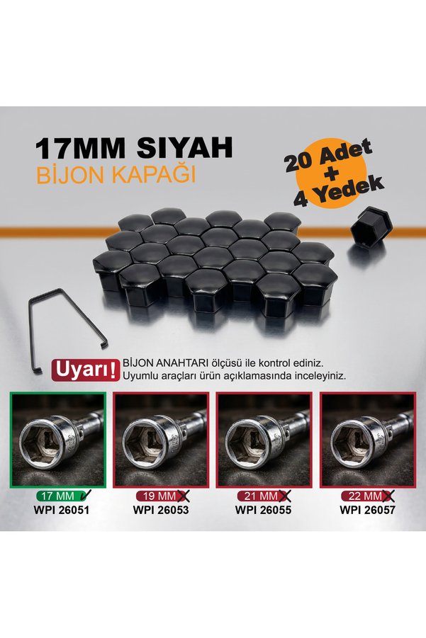 WPI 20 Adet + 4 Yedek Siyah Bijon Kapağı 17MM + Sökme Aparatı OEM: 5408.12 / 9644577080 / 1611818780 / PB9081 / 26051