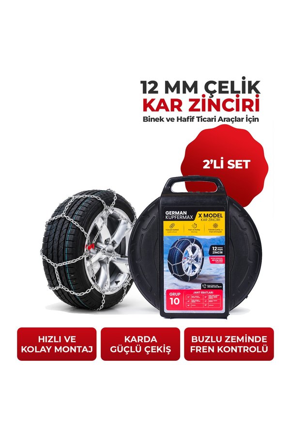 GERMAN KUPFERMAX 12mm No: 10 Profesyonel Oto Kar Zinciri Binek ve Hafif Ticari Araçlar İçin