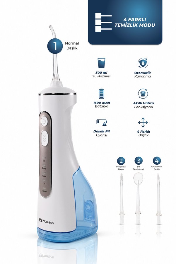 PiranTech AquaDent Sensitive Ağız Duşu 4 Modlu 4 Başlıklı Type-C Şarjlı IPX7 40-130 PSI