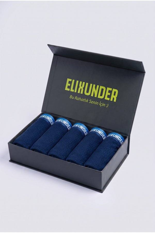 Elixunder 5'li Lacivert Renk Saf Pamuklu Erkek Boxer Premium Mıknatıslı Kutulu