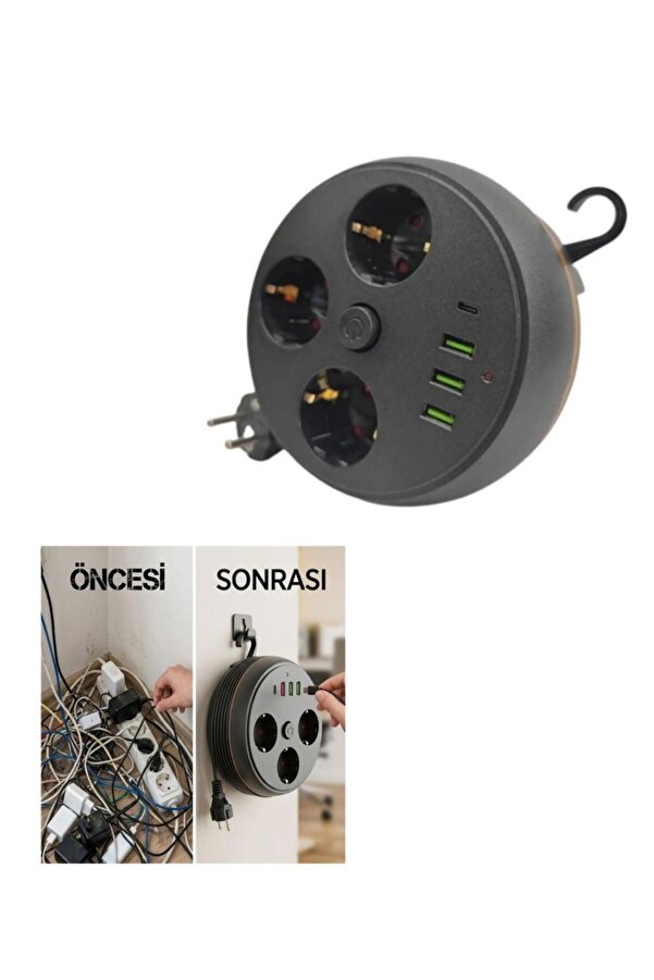 Ethab Ti̇caret Glb-Stl41414 Akım Korumalı Pri̇z Usb Ve Type C Gi̇ri̇şli̇ 3Lü Pri̇z 2 Metre Kablo Dayanıklı