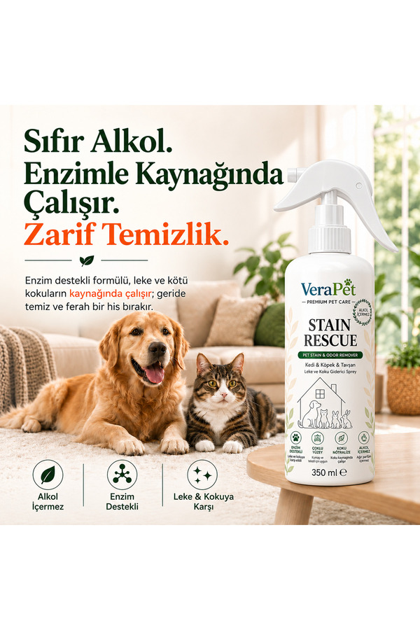 VERAPET Premium Alkolsüz Kedi ve Köpek Leke Çıkarıcı ve Koku İşaretleme Giderici Sprey- Enzim Destekli