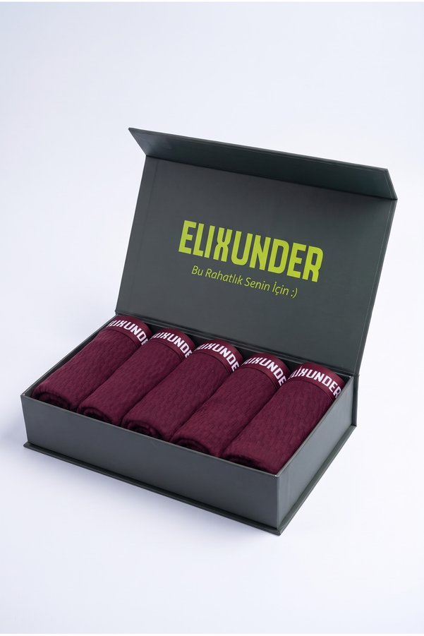 Elixunder 5'li Bordo Renk Saf Pamuklu Erkek Boxer Premium Mıknatıslı Kutulu