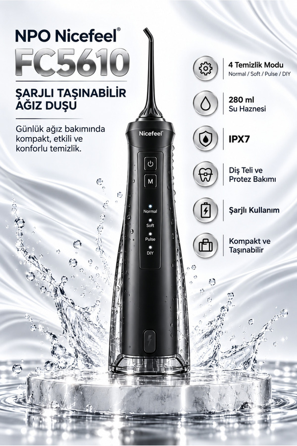NPO Nicefeel FC5610 Şarjlı Taşınabilir Ağız Duşu 4 Modlu 280 ml IPX7 Diş Teli ve Protez Bakımı Siyah