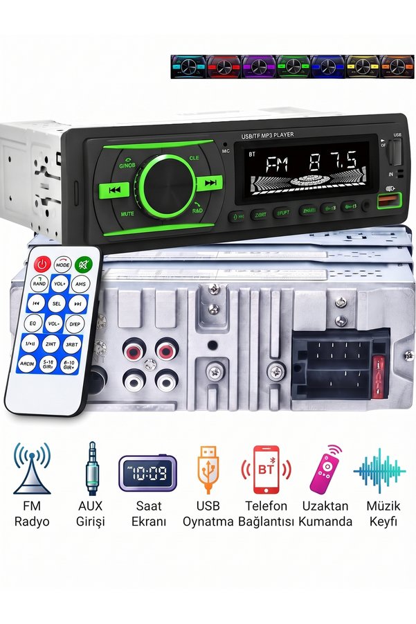 Kingwin Oto teyp 2 Usb'li Oto Araba Teyp Bluetooth Usb Sd Kart Aux 7 Renk - Kumandalı