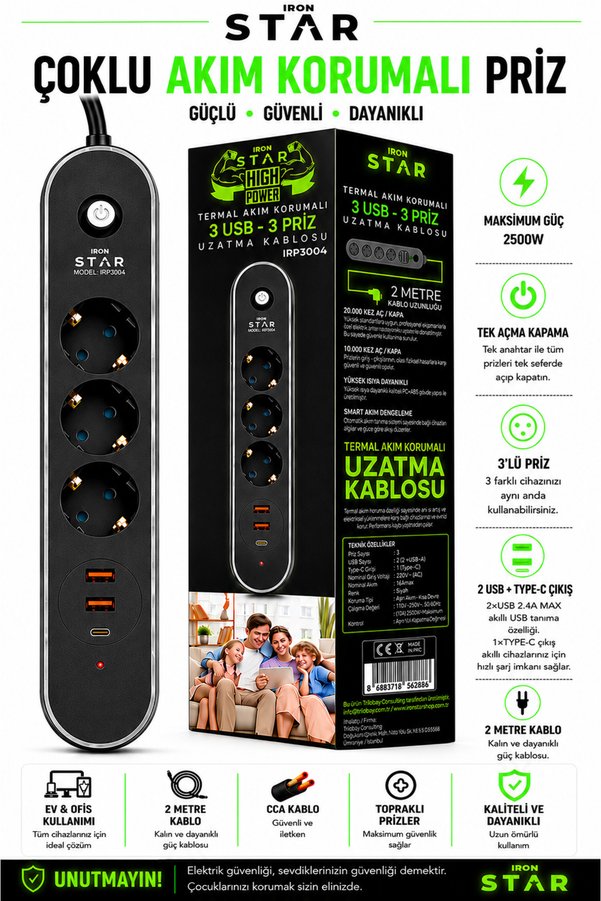 IRONSTAR Akım Korumalı Priz / 3LÜ Akım Korumalı Priz 2 Metre Kablolu / Üçlü Akım Koruma Grup Priz / 3'Üİ Priz / Çoklu Priz / Çoklu Anahtarlı Priz / Topraklı 3'LÜ Priz / USB'Lİ Type-C'Lİ Priz