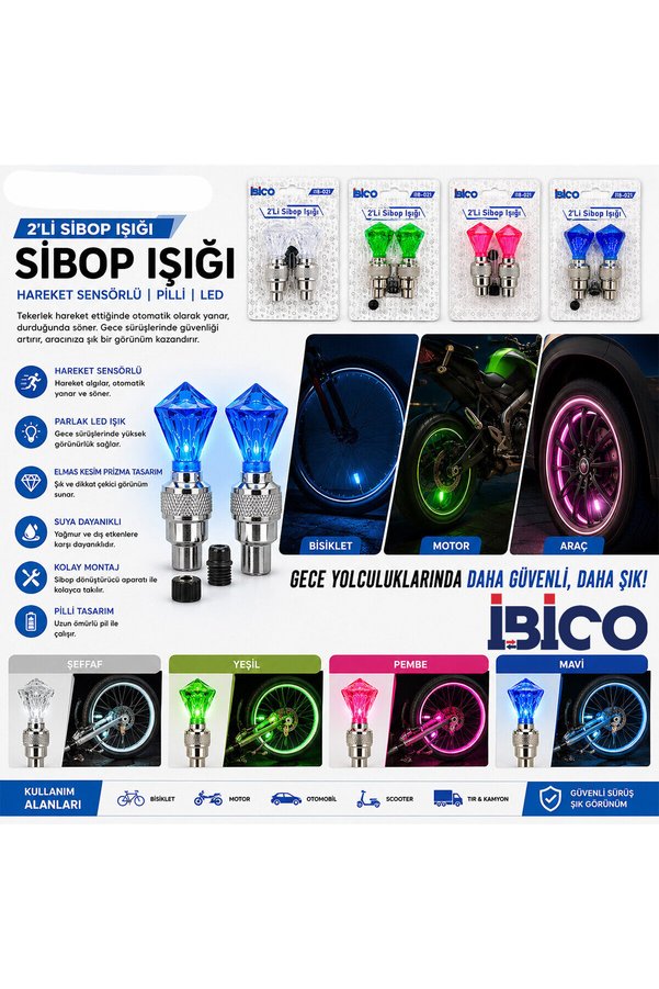 Go İthalat 2Pcs Yeşil Elmas Kesim Prizma Model Sibop Işık Pilli Bisiklet - Motor - Araç Hareket Sensörlü İ18-02