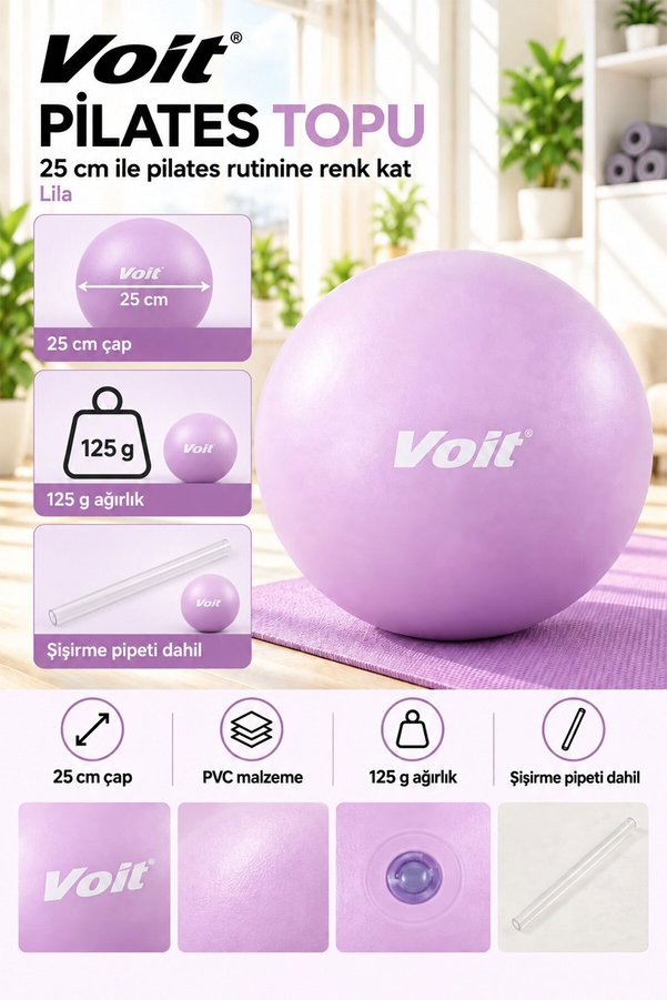 Voit 25 cm Mini Pilates Topu Yoga Fitness Egzersiz ve Denge Topu Şişirme Pipeti Dahil