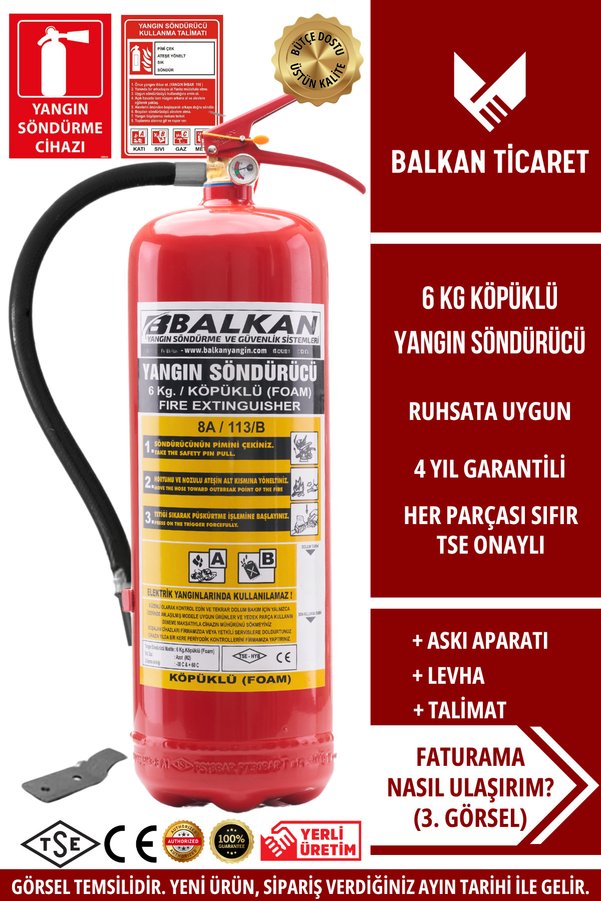 Balkan Ticaret 6Kg Yangın Tüpü Köpüklü Ruhsata Uygun 4 Yıllık TSE HYB CE Belgeli Askı Aparatı Levha