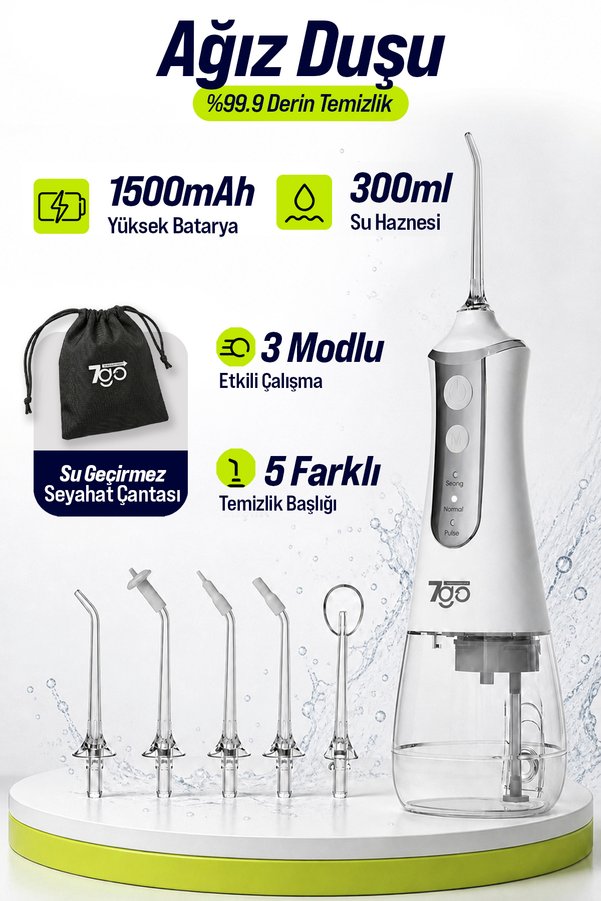 7GO 7GMF1 Şarjlı Ağız Duşu – 300ml Su Haznesi 5 Başlıklı IPX6 Su Geçirmez Diş Temiz
