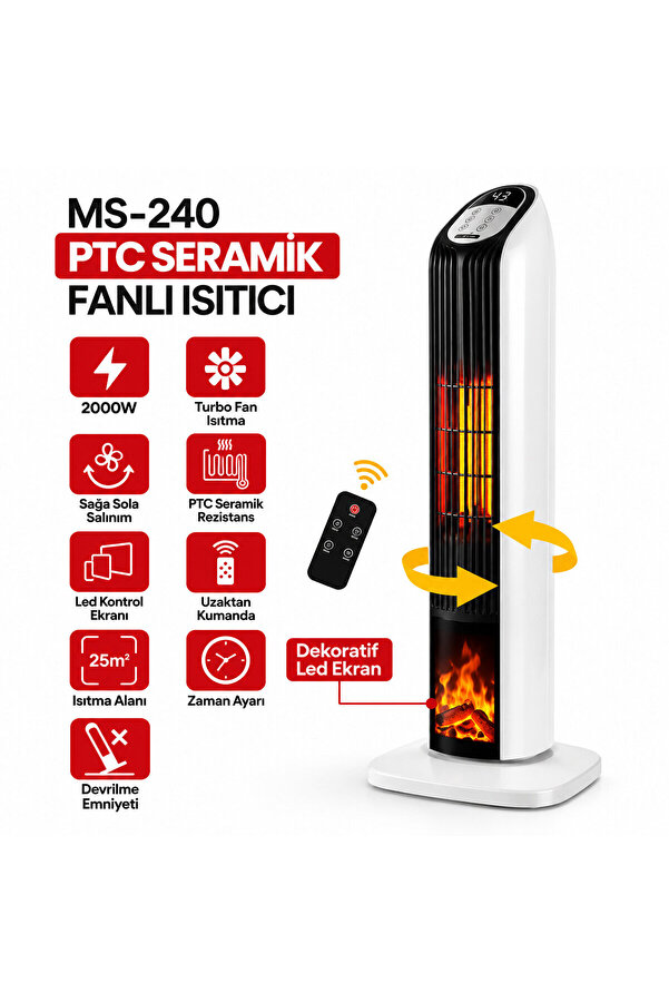Go İthalat Kumandalı Sıcak Dik Ptc Seramik Fanlı Isıtıcı Led Kontrol Ekran - Devrilme Emniyet 2000W Ms-240 () G