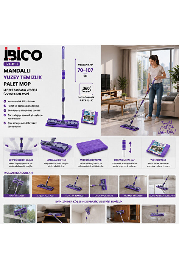 Go İthalat Mandallı Yüzey Temi̇zli̇k Palet Mop M.fi̇ber Paspas - Yedekli̇ Duvar Si̇lme Mop Metal Uzayan Sap=70-107Cm- 360° (5343)