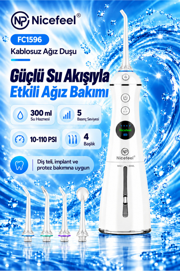 NPO Nicefeel FC1596 Şarjlı Ağız Duşu Taşınabilir Diş Temizleme Cihazı Diş Teli ve Protez Bakımı Beyaz