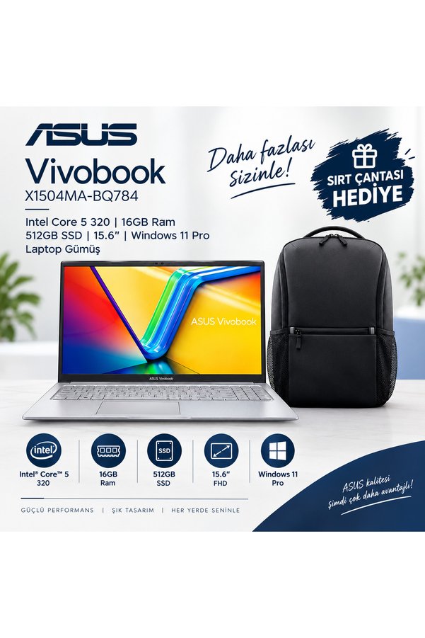 ASUS Vivobook X1504MA-OZT16GB Intel Core 5 320 16GB Ram 512GB SSD 15.6'' Windows 11 Pro Laptop Gümüş