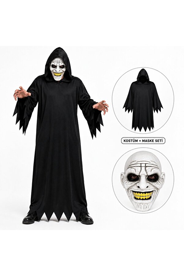 Go İthalat Korkunç Gülümseyen Maskeli Siyah Kapüşonlu Kostüm Seti 140 Cm () Glbl-Stl57839