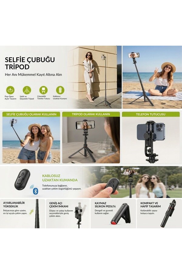 Go İthalat 130 Cm Uzayabilen Manyetik Kumandalı Tripod Ve Ayarlanabilir Telefon Tutuculu, Alüminyum Gövdeli Sel