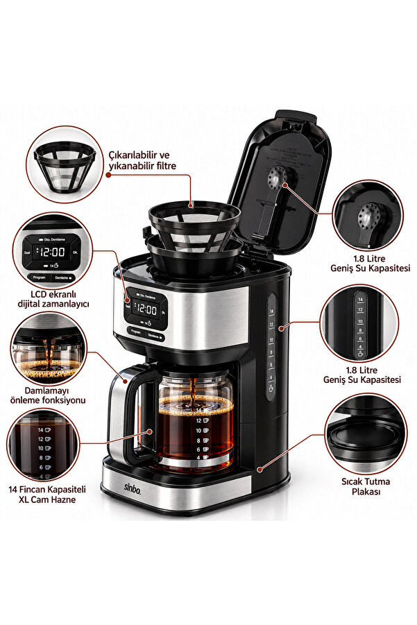 Go İthalat 2İn1 Inox - Gri Filtre Kahve Makinesi 100W 14 Fincan Kahve Kapasite 1.8Lt Su Hazne Dijital Ekran Scm