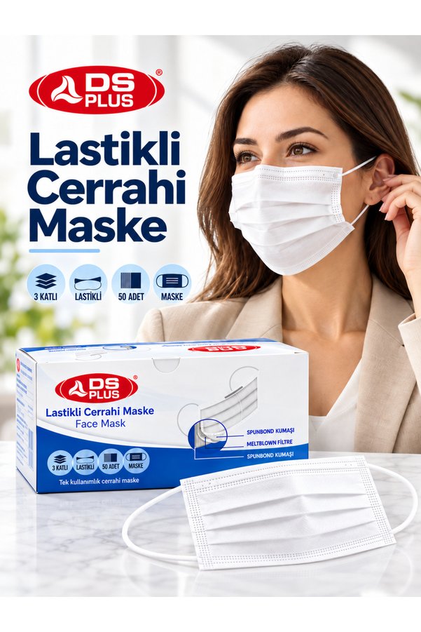 DS PLUS 3 Katlı Lastikli Cerrahi Maske Beyaz 50 Adet – Meltblown Filtreli Tek Kullanımlık