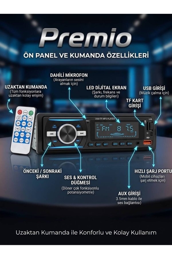 Premio Teyp – Çift Usb Çift Amfi Ekstra Bass Ve Bluetoothlu 7 Renk Oto Teyp