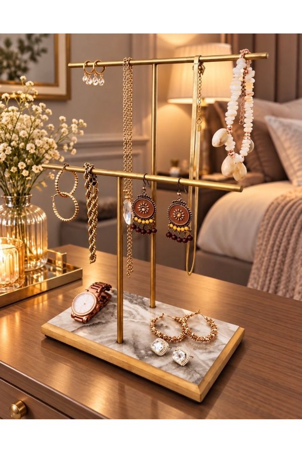 Drm Wood Gold Altın Takı Standı Takılık Küpelik Bileklik Kolye Seti Takı Dolabı Düzenleyici 2 Delikli