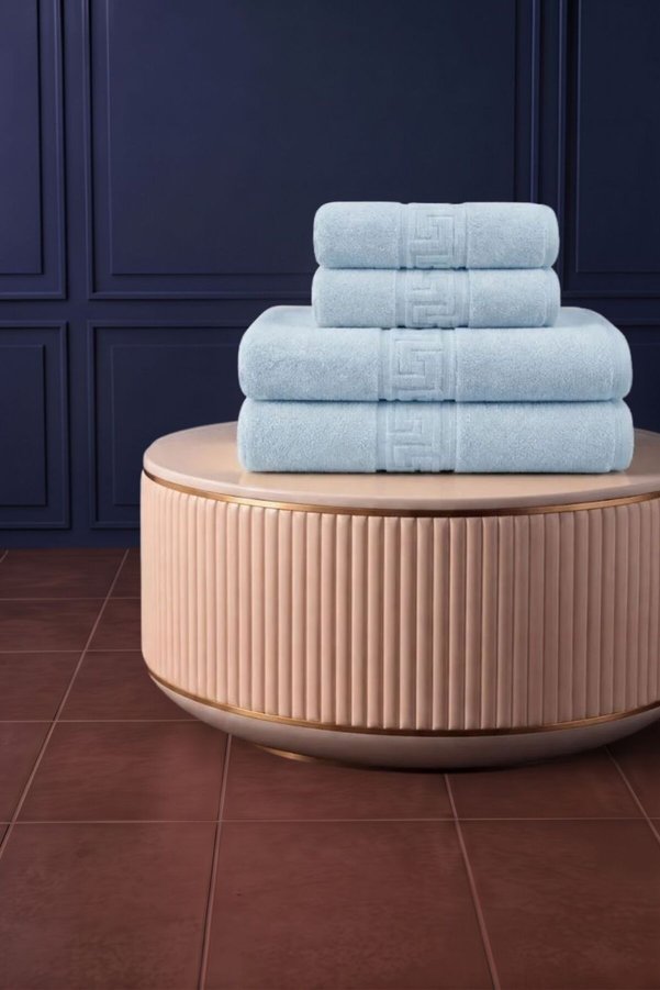 Anılsan 4'lü Mavi Greek Havlu Set %100Pamuk - 2 Adet El Havlusu 50x90 ve 2 Adet Banyo Havlusu 70x140