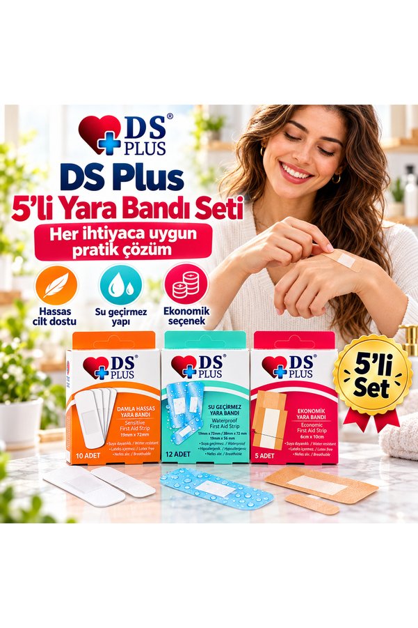 DS PLUS 5'li Yara Bandı Seti – Hassas Ciltlere Uygun Su Geçirmez Nefes Alabilen Lateks İçermeyen Ekonomik İlk Yardım Bandı