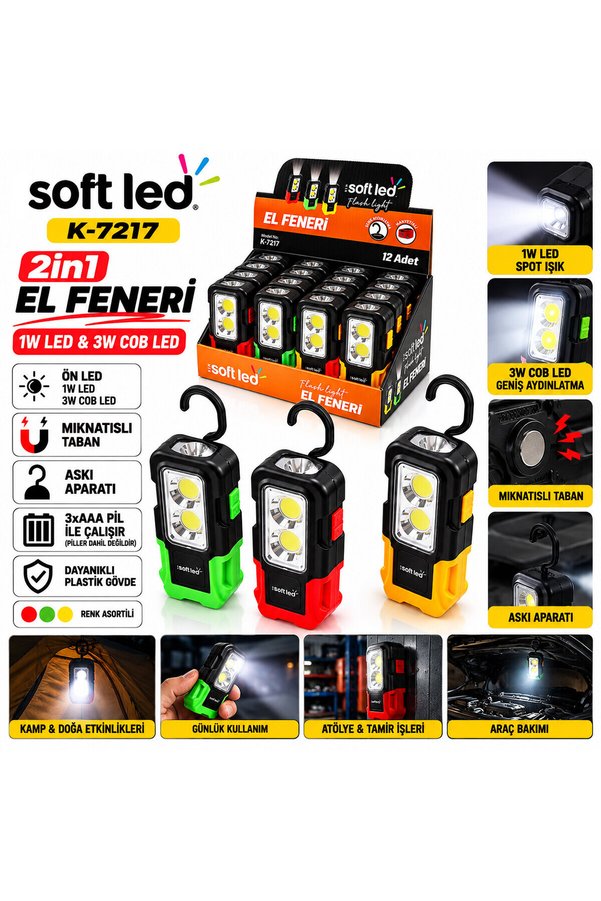 Go İthalat 12 Adet 2In1 Softled El Feneri 3Xaaa Pilli Mıknatıslı Asma Aparatı 1W Led - 3W Cop Led K-7217 () Glb