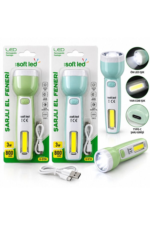 Go İthalat 2In1 Softled Şarjlı El Feneri Usb - Type-C Şarjlı 2W Led - 1W Cob Led K-0750 () Glbl-Stl57839