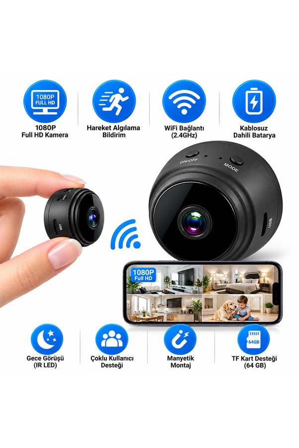 Go İthalat Wifi Hd Mini Battery Ip Kamera Uzaktan İzlenebilen 20Fps-15Fps A9 () Glbl-Stl57839