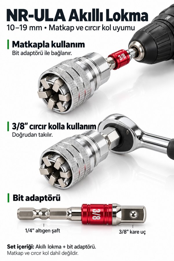 Noromax Universal Akıllı Lokma 10-19 mm – 3/8" Bit Adaptörü Dahil