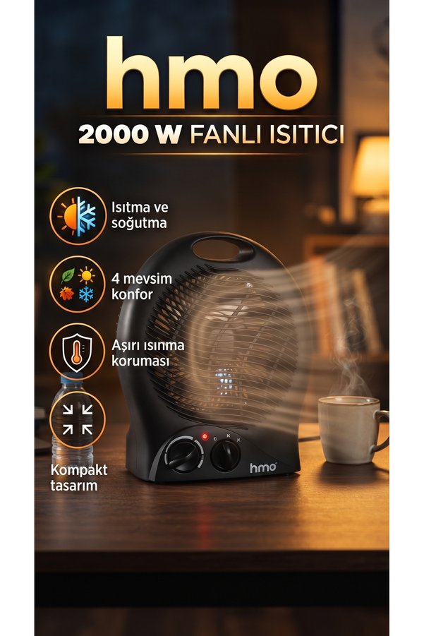 HMO Store Premium 2000 W Fanlı Isıtıcı - Sıcak Soğuk Hava Üflemeli 4 Mevsim Mini Isıtıcı - Kompakt ve Güvenli İç Mekan / Dış Mekan / Balkon Sobası