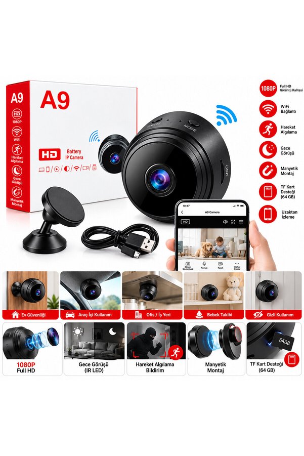 Go İthalat Wifi Hd Mini Battery Ip Kamera Uzaktan İzlenebilen 20Fps-15Fps A9 () Glbl-Stl57839
