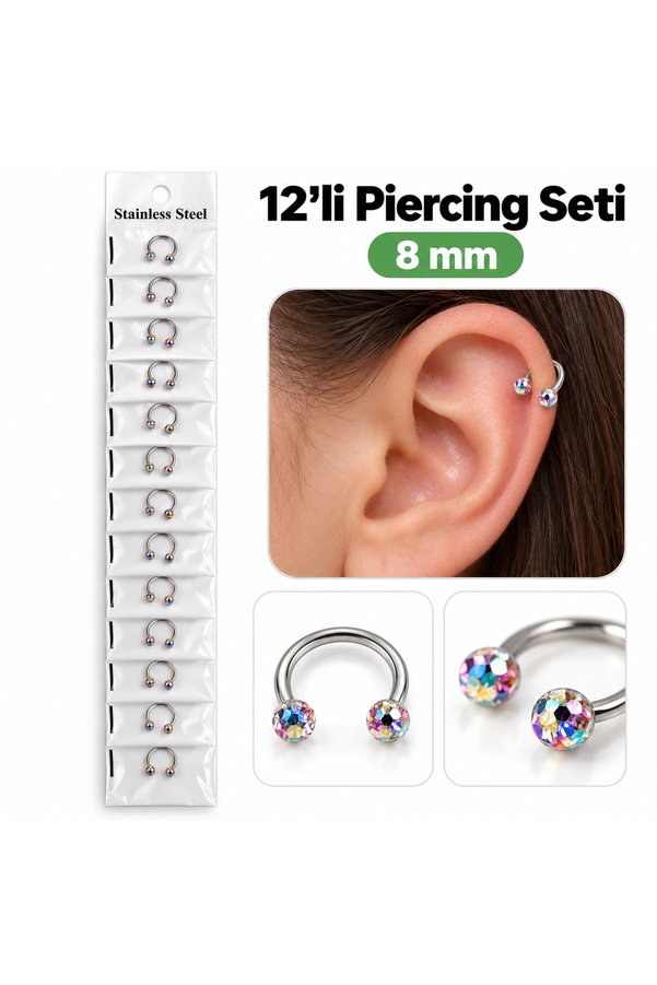 Airbrush Tattoo 12 Li Renkli Taşlı Halka Piercing Seti 8 Mm – Paslanmaz Çelik, Gümüş Renk