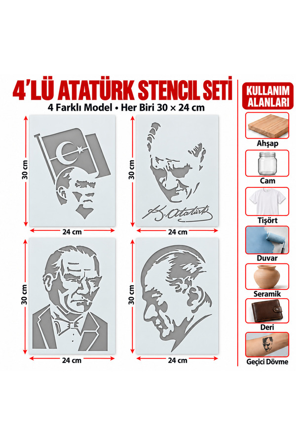 Airbrush Tattoo Atatürk Asetat Stencil Şablon Ve Boyama Kalıbı Seti 4 Adet 30X24 Cm