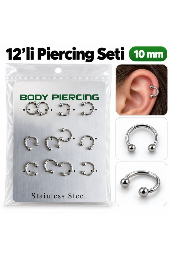 Airbrush Tattoo 12 Li Paslanmaz Çelik Halka Piercing Seti 10 Mm – Gümüş Renk