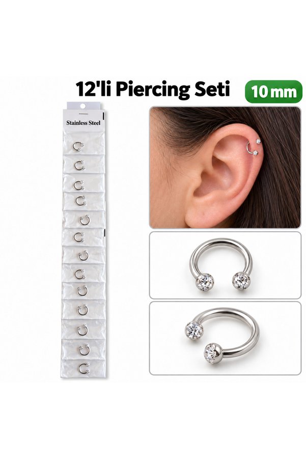 Airbrush Tattoo 12 Li Taşlı Halka Piercing Seti 10 Mm – Paslanmaz Çelik, Gümüş Renk