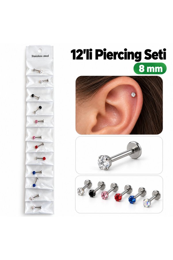 Airbrush Tattoo 12 Li Karışık Renkli Taşlı Labret Piercing Seti 8 Mm – Paslanmaz Çelik, Düz Arkalı