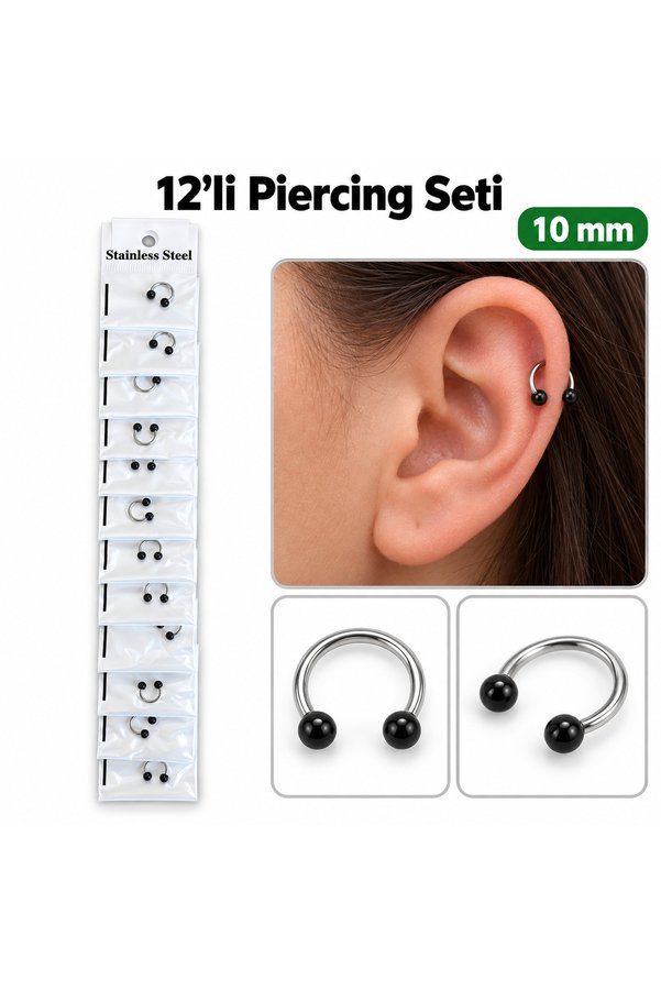 Airbrush Tattoo 12 Li Siyah Toplu Halka Piercing Seti 10 Mm – Paslanmaz Çelik, Horseshoe Model