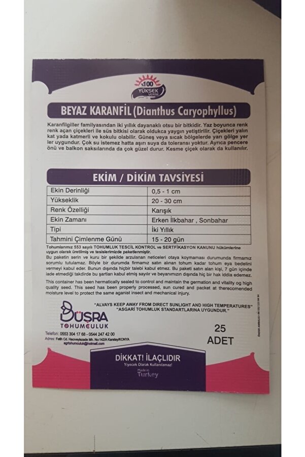 Büşra Beyaz Karanfi̇l Çi̇çek Tohumu %100 Veri̇mli̇